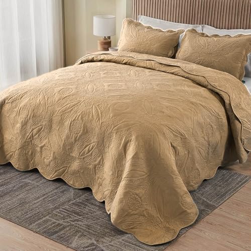 Kingnex Oversized King Bedspread Set 3 Piece Khaki 1