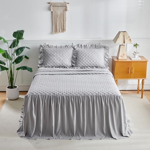 Ruffle Skirt Bedspread Set - 30 Long Drop - Queen Size Gray