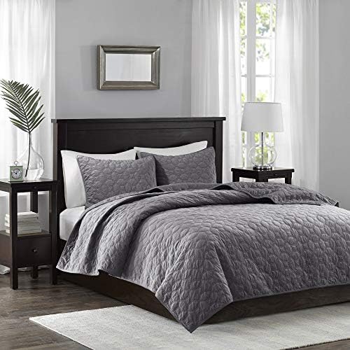 Madison Park Velvet Coverlet Set 3 Piece Grey