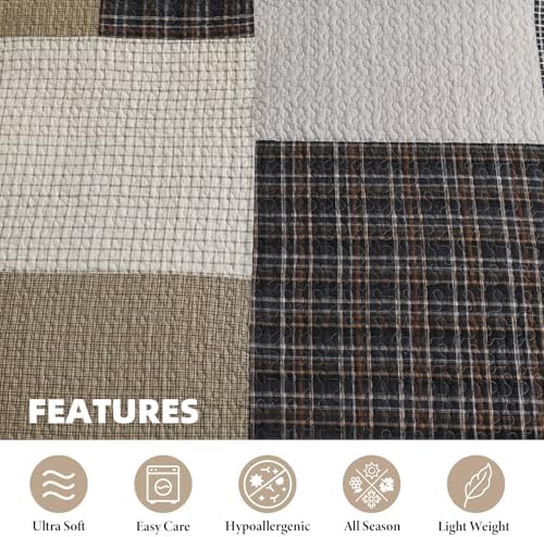 Bedduvit 100 Cotton California King Bedspread Set - 3pcs Farmhouse Patchwork Plaid