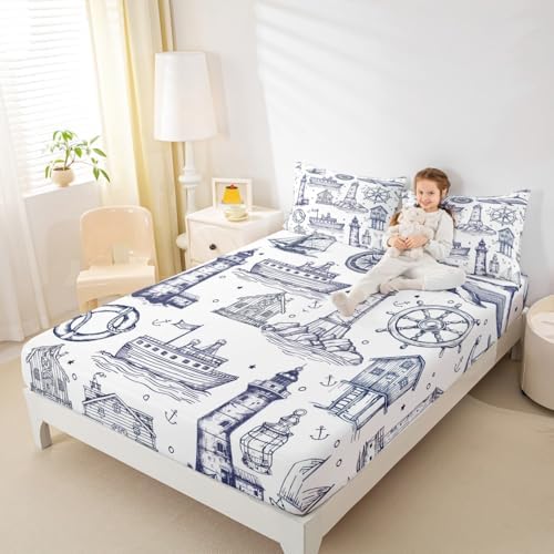 Homewish Sea Nautical Queen Sheet Set 3Pcs with Lighthouse Design