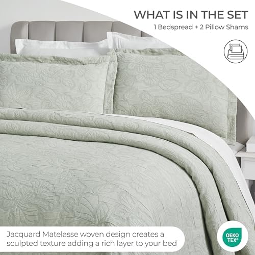 Superior 3 Piece Cotton Bedspread Set Hibiscus Collection Sage