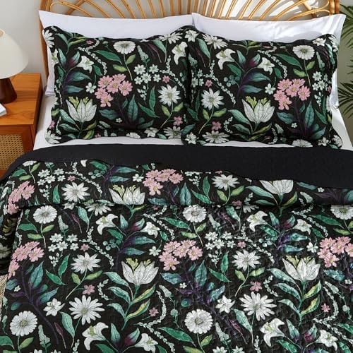 EVENHUG Black Botanical Quilt Set King Size 3 Pieces