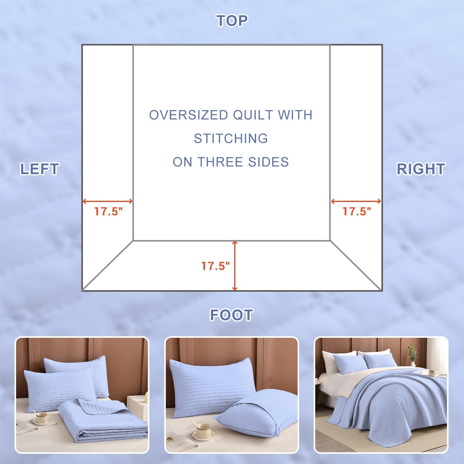 Masaca Oversized King Quilt Set 3 Piece Light Blue
