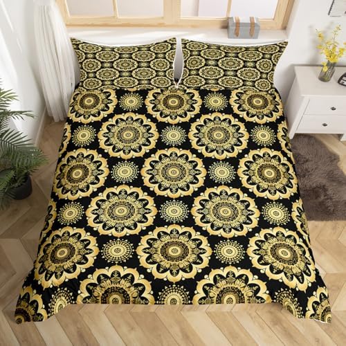 Jejeloiu Paisley Duvet Cover Set 3Pcs Black Gold Damask Pattern 1