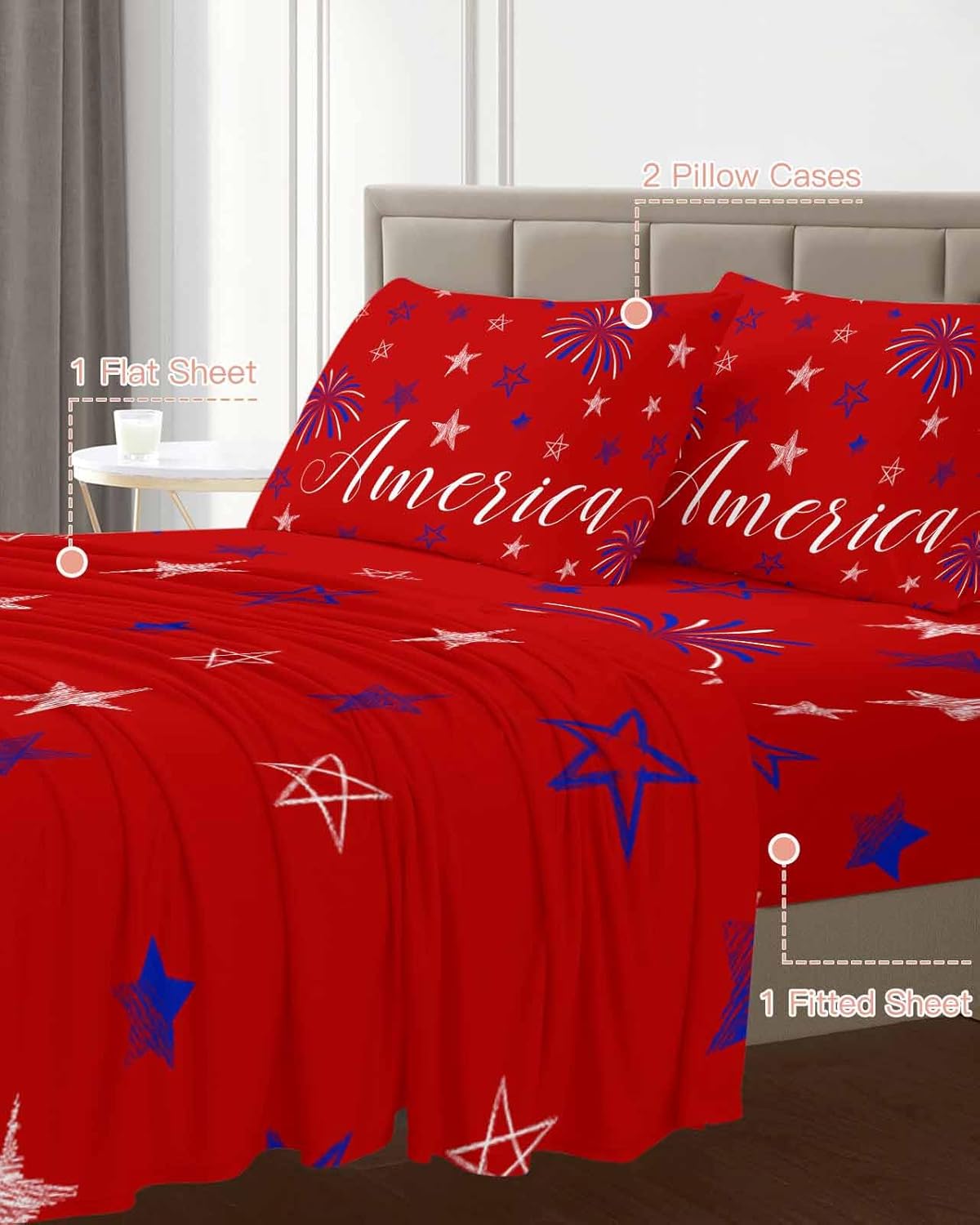 Boanket Red 4th of July Full Sheet Set 4 Piece