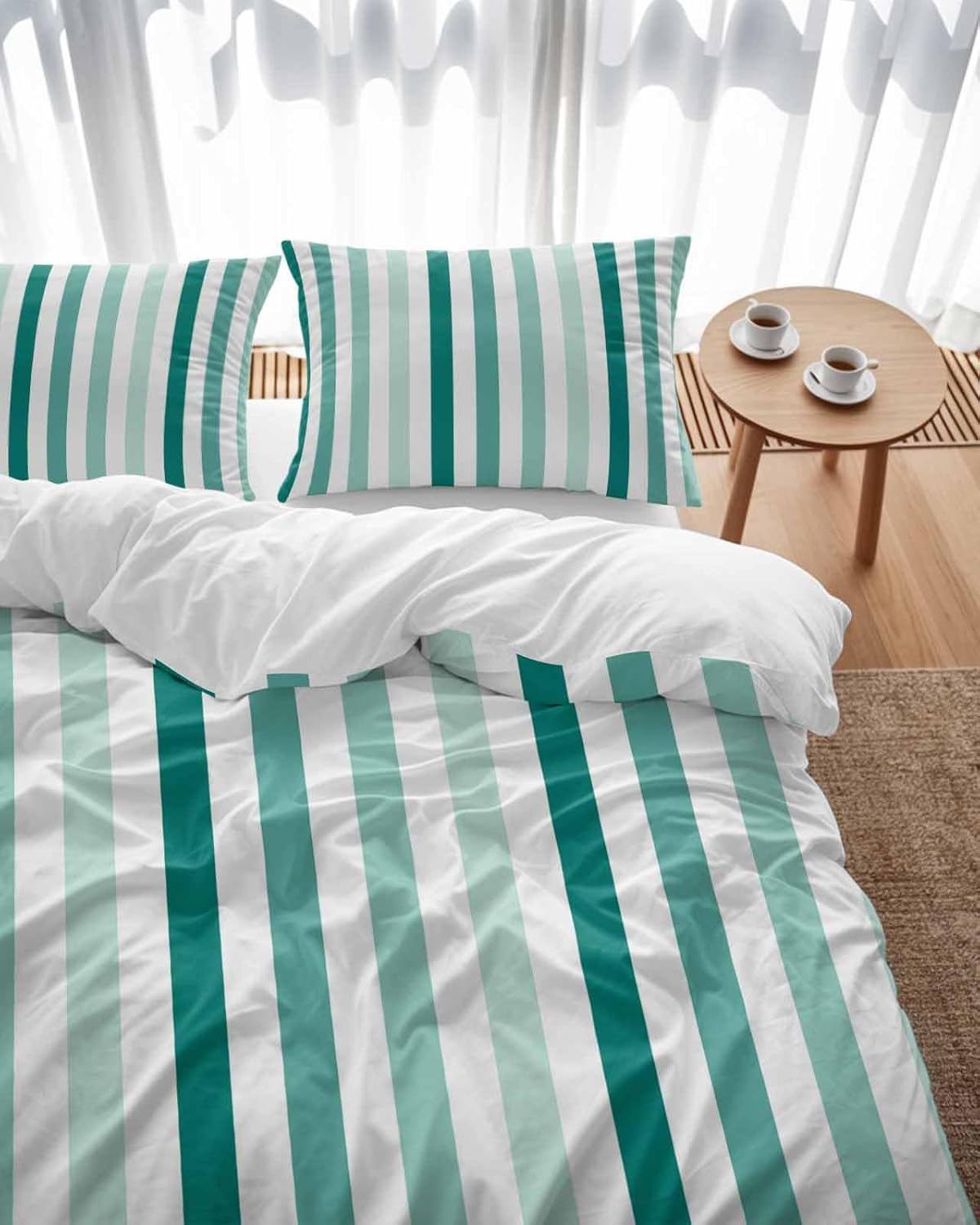 ZOE GARDEN Green Stripe Queen Duvet Cover Set 3 Piece 1