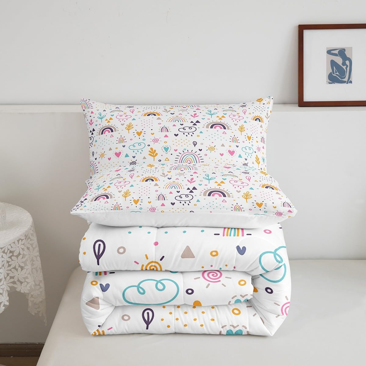 Homewish Rainbow Comforter Set 3Pcs Kids Girls Floral Bedding