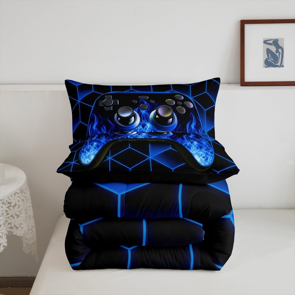 Erosebridal Blue Gaming Comforter Set - Neon Geometry Kids Bedding for Boys