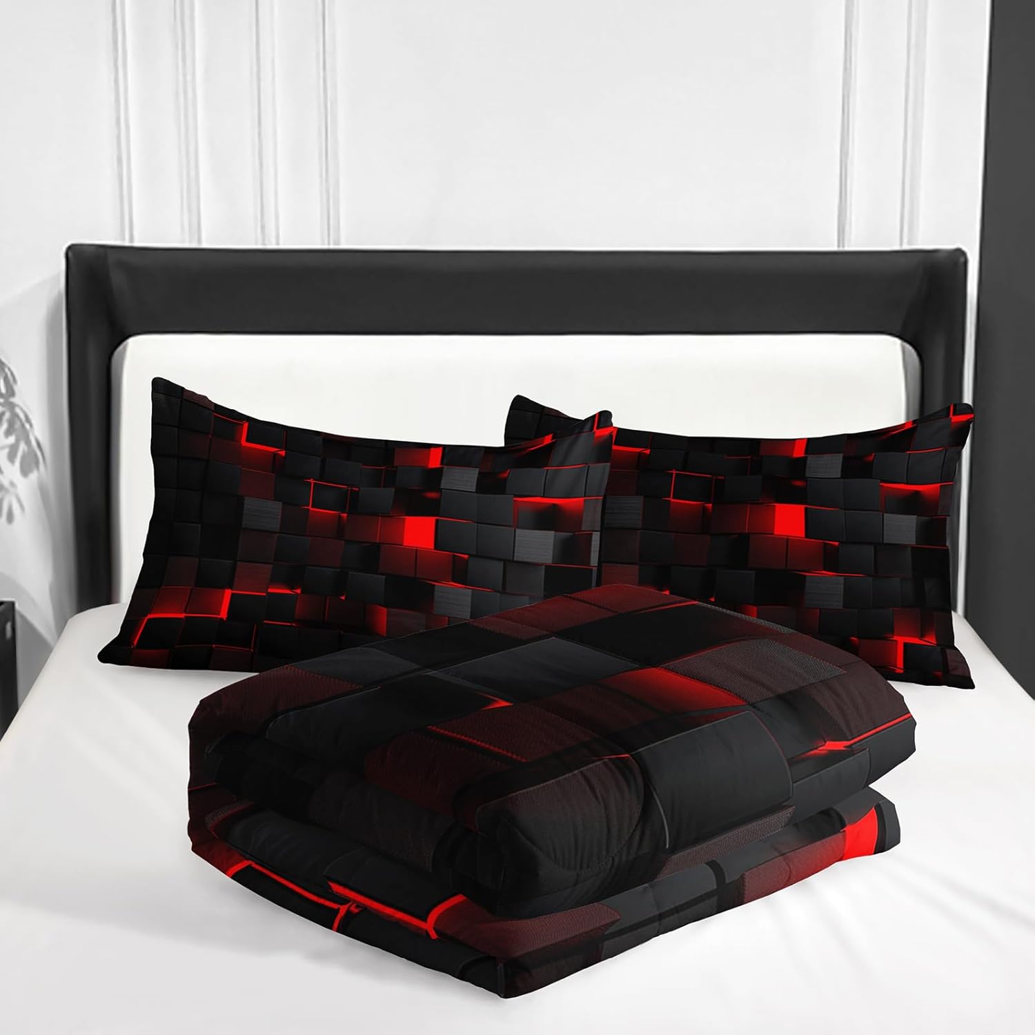 Neon Red Black Kids Comforter Set 3PCS Geometric Honeycomb Bedding