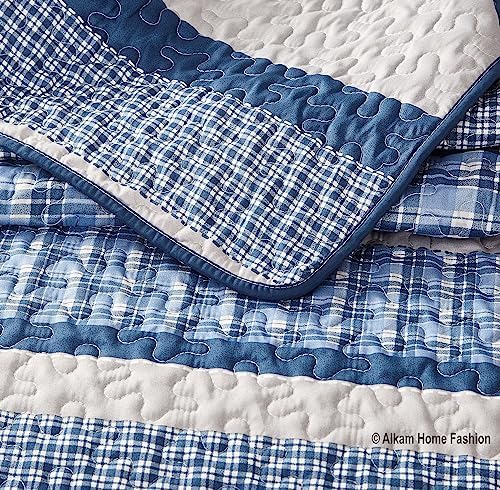 All American Collection Blue and Gray Plaid 3-Piece Queen Bedspread Set