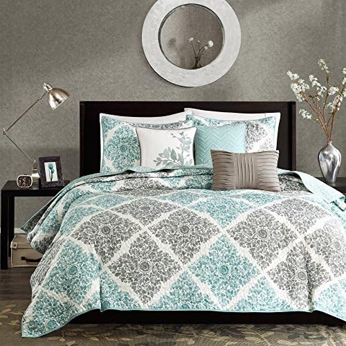 Madison Park Claire Quilt Coverlet Set - 6 Piece Diamond Aqua Pattern KingCal King
