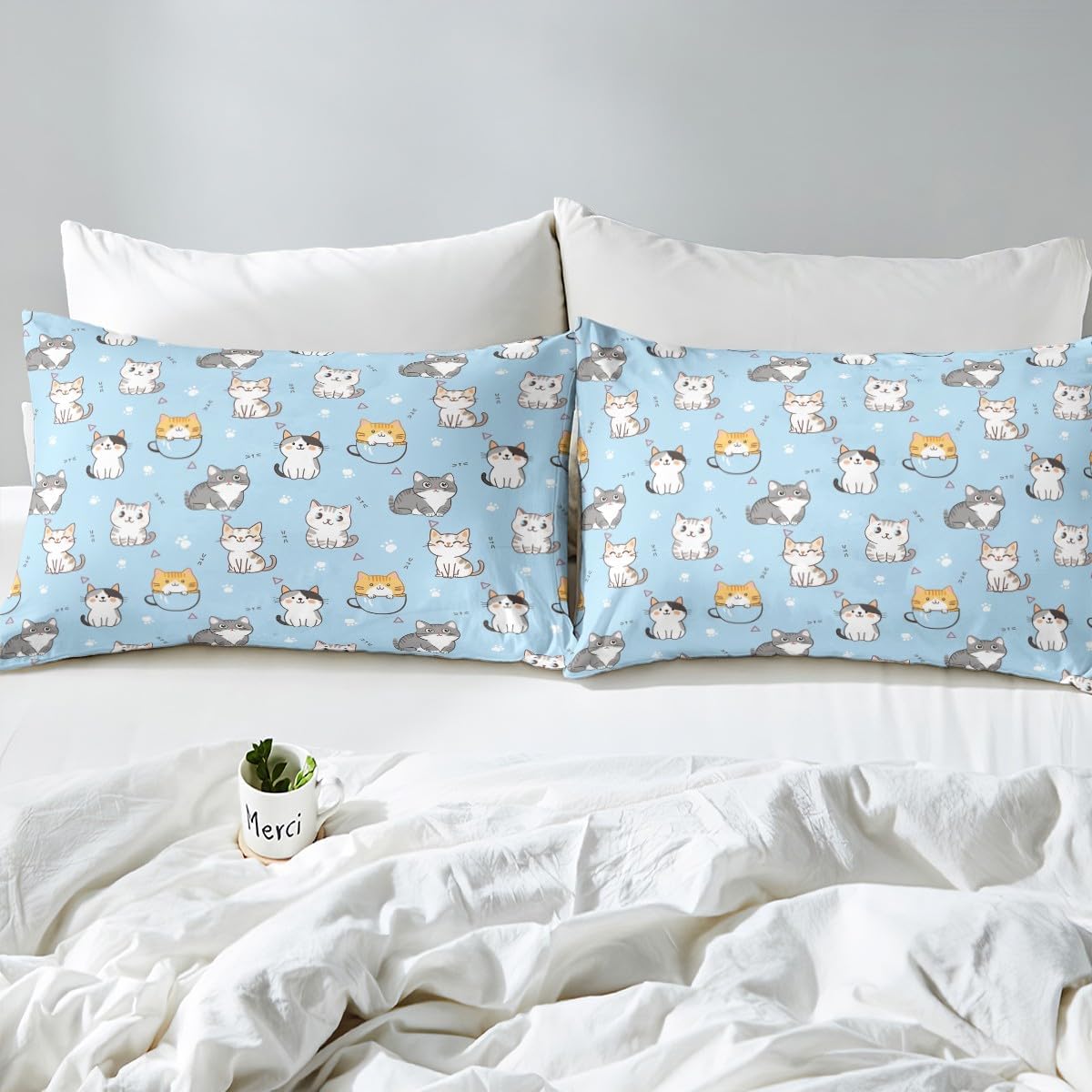 Kawaii Animal Duvet Cover Set Twin Blue Cat
