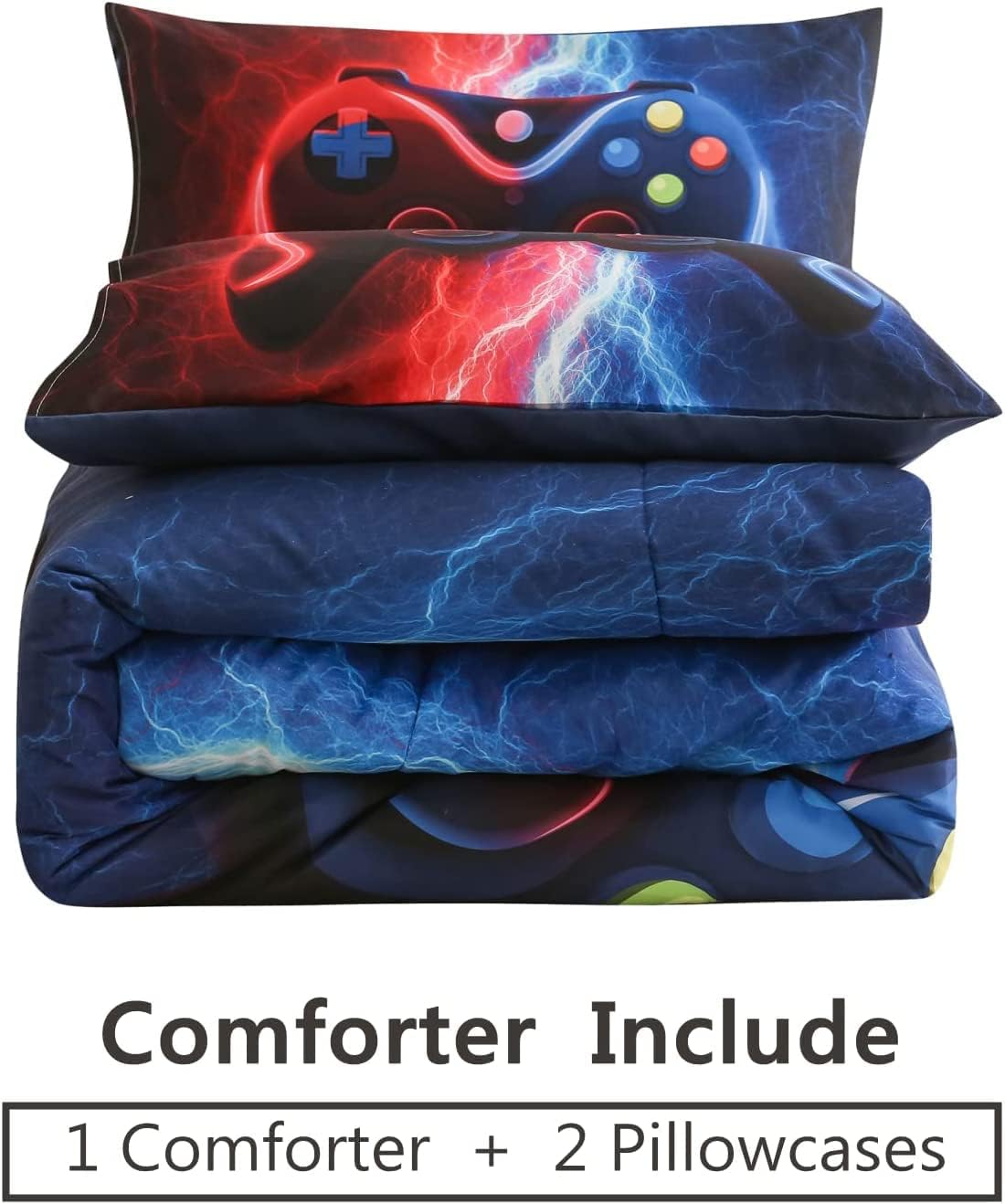 Gamer Gamepad Comforter Set for Boys Red-Blue Lightning Design