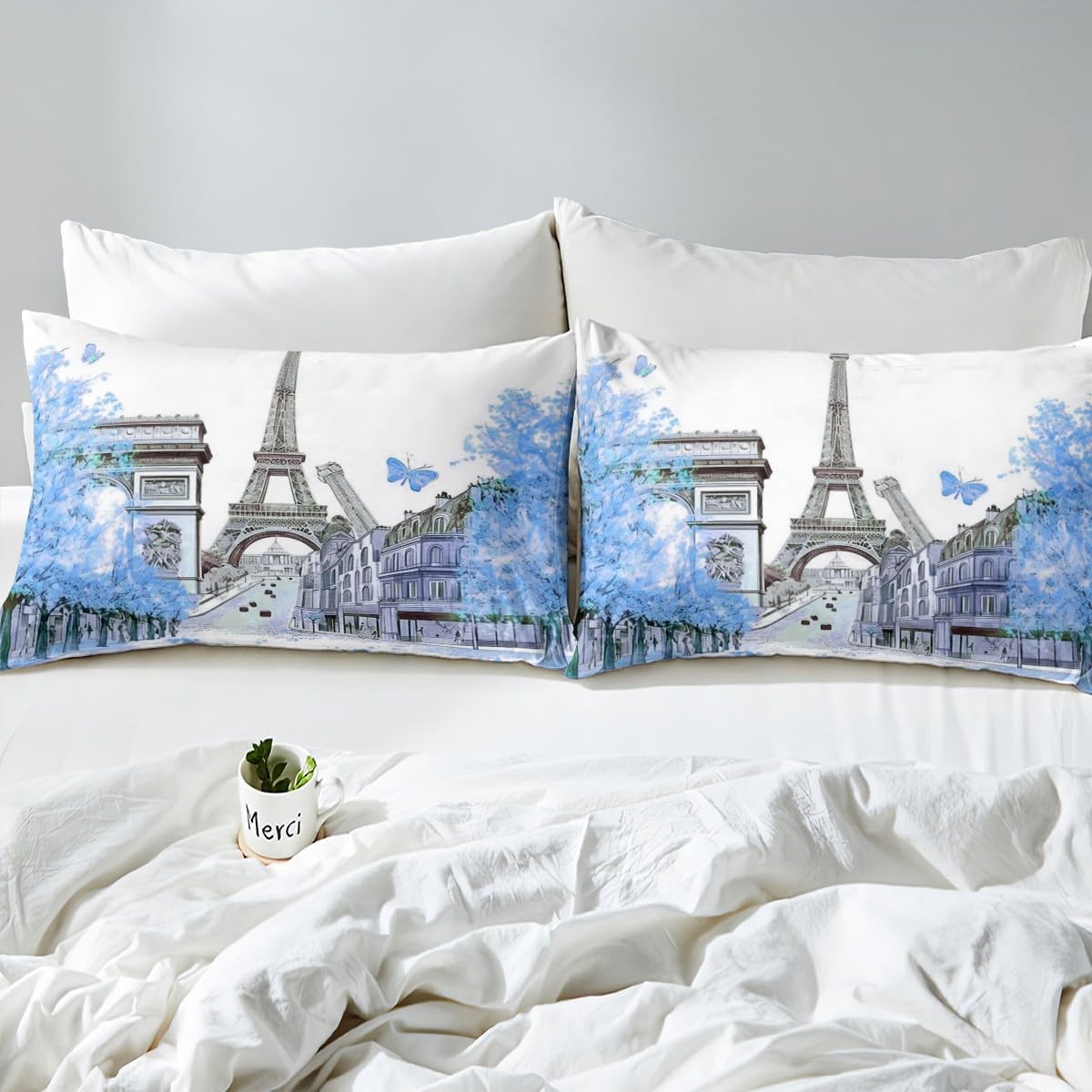 Jejeloiu Blue Eiffel Tower Duvet Cover Set