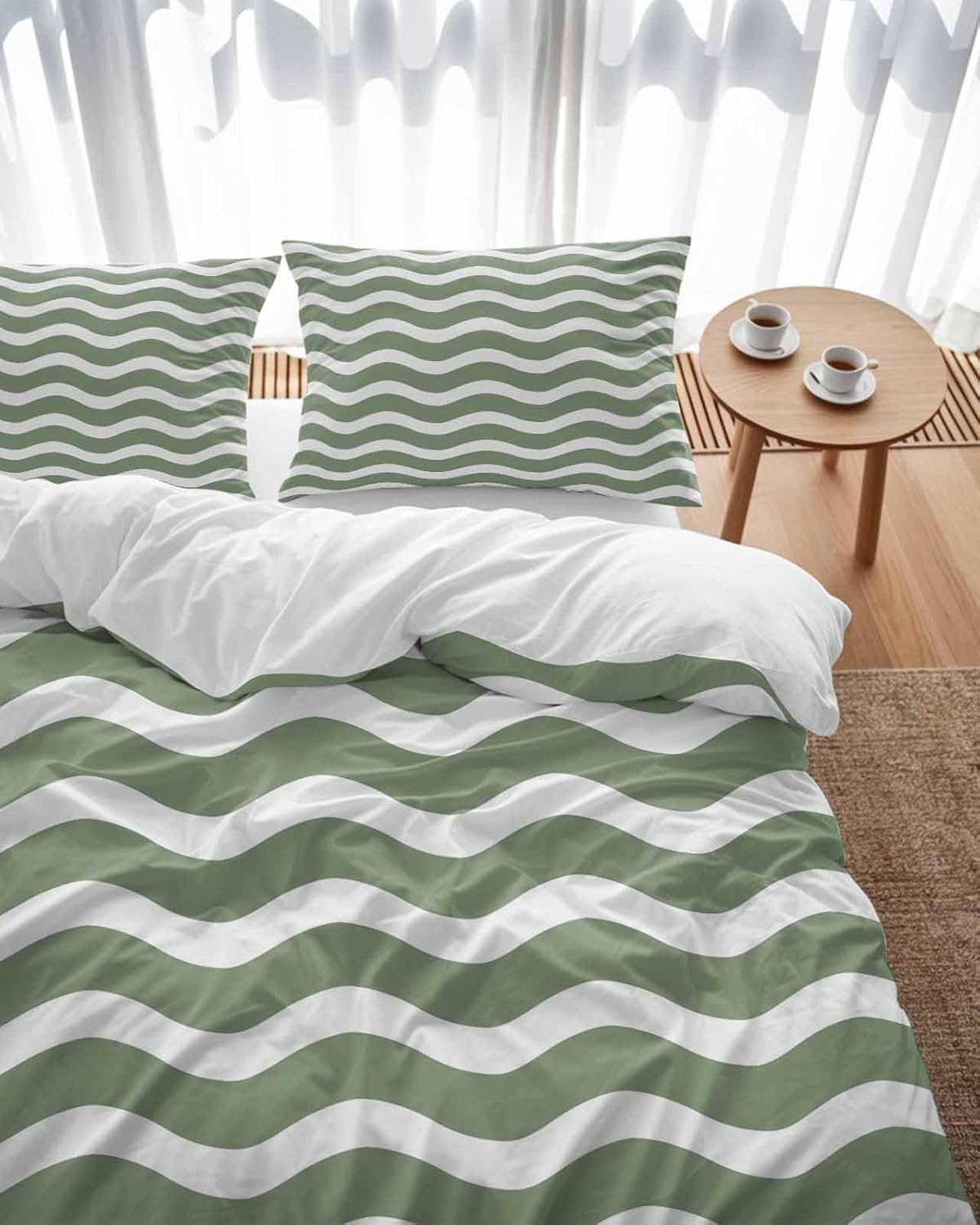 ZOE GARDEN Sage Green Striped Queen Duvet Cover Set