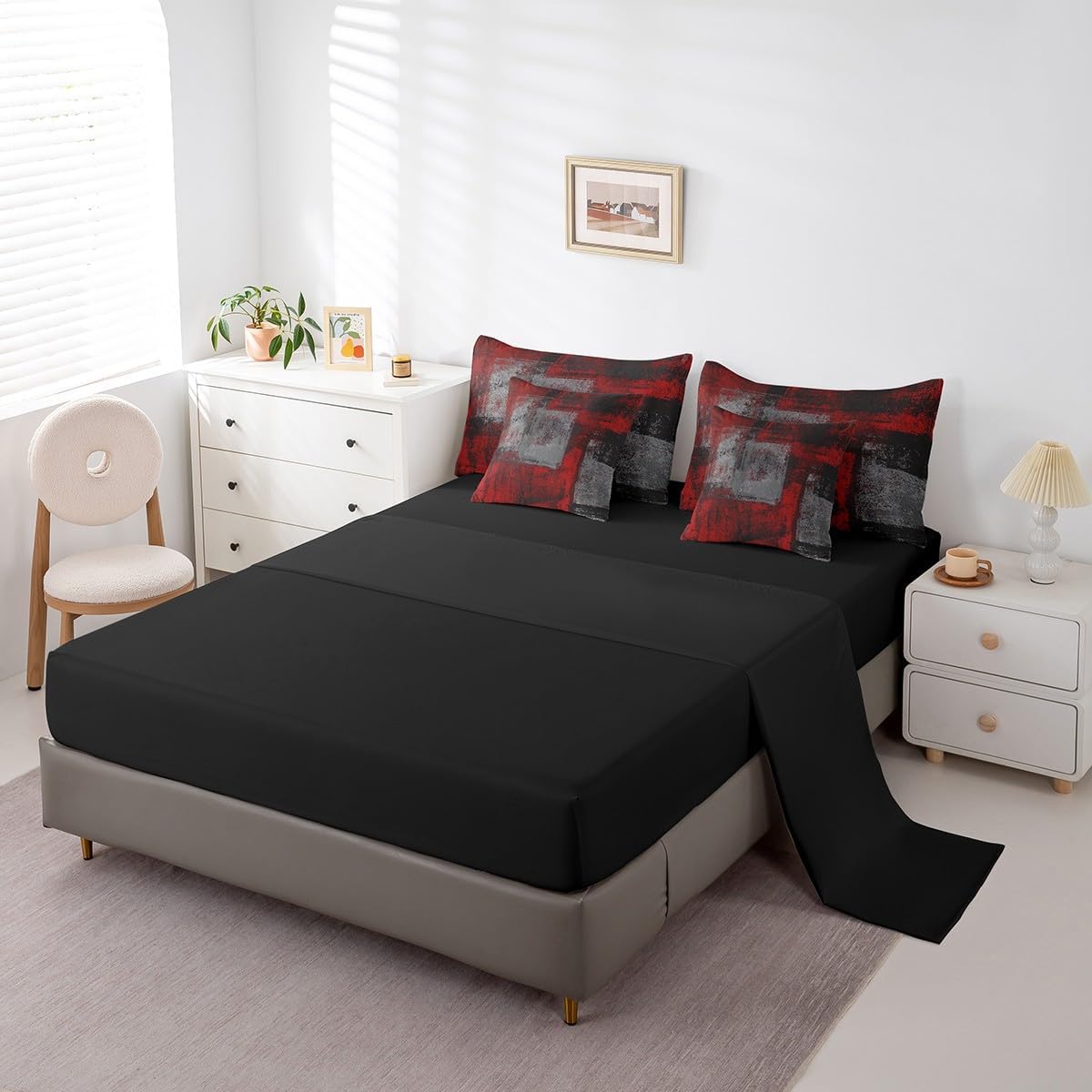 Erosebridal 7 Piece King Comforter Set with Red Black Grey Ombre Design