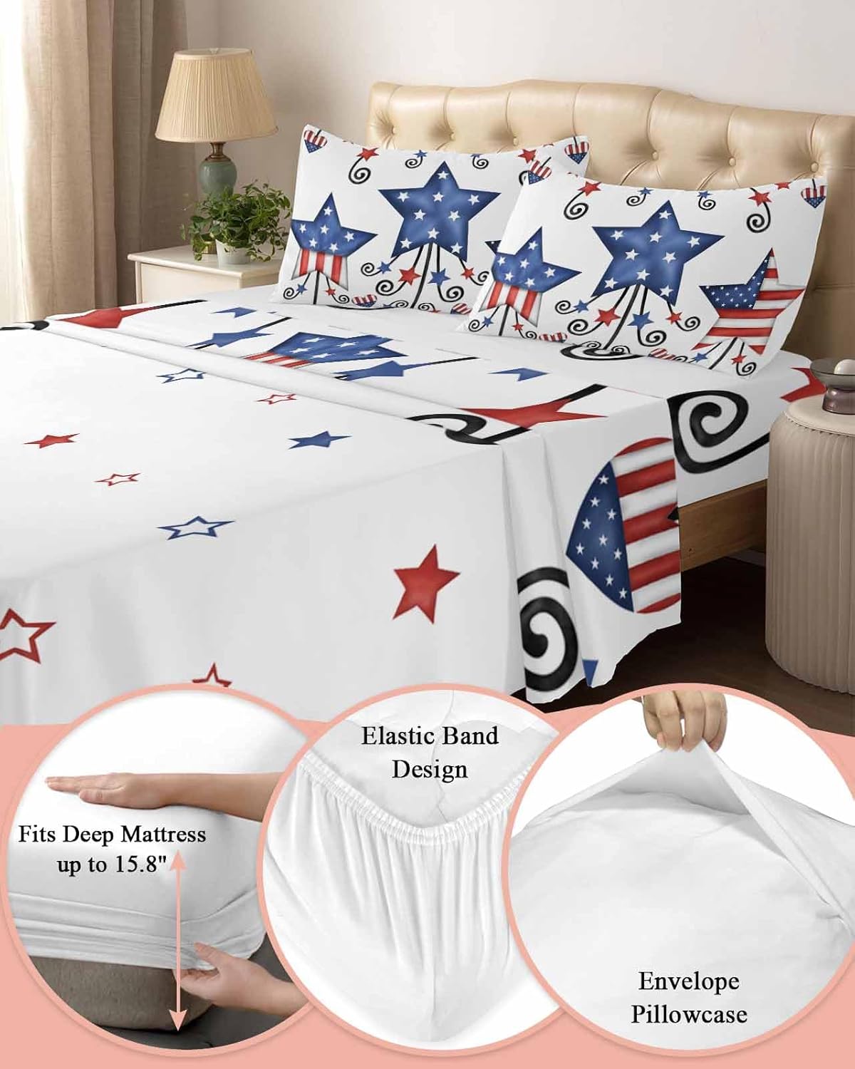 Boanket Bedding King Sheet Set 4th of July 4 Piece Microfiber