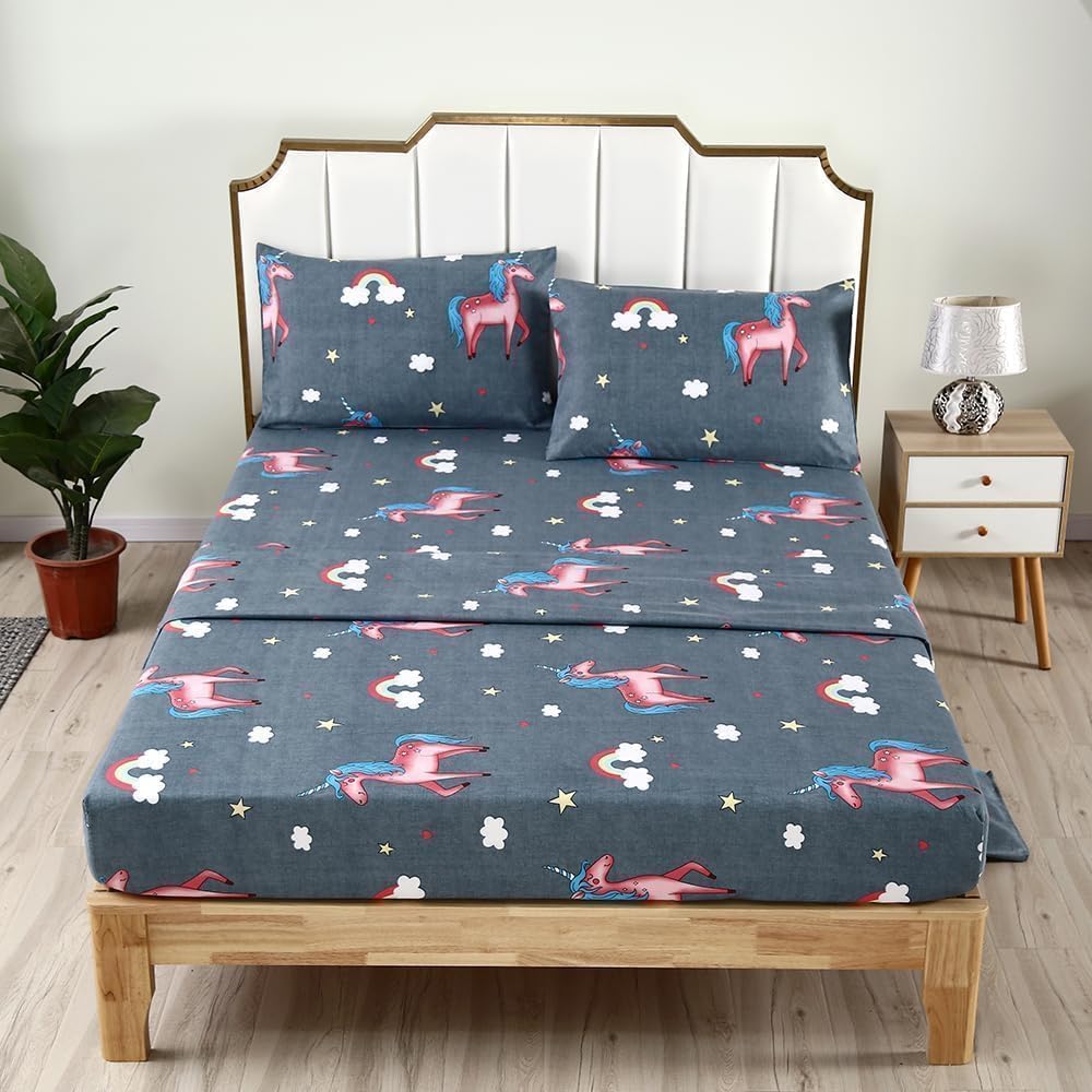 SDIII 4PCS Unicorn Queen Sheet Set - Gray Microfiber