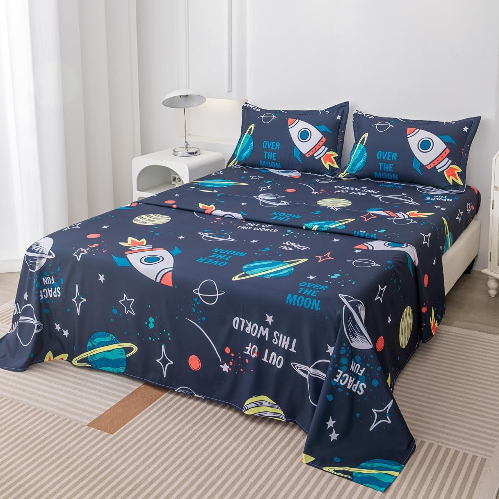 Megamayga Space Sheets Queen Size 4Pcs Kids Bedding Set