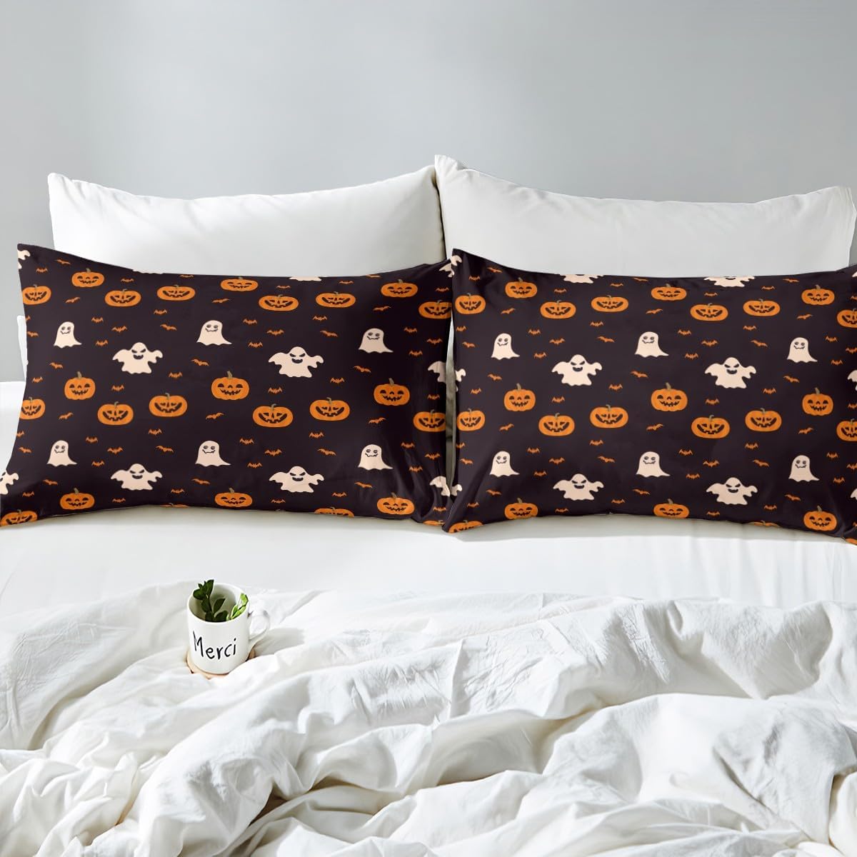 Jejeloiu King Size Pumpkin Lantern Kids Halloween Sheet Set