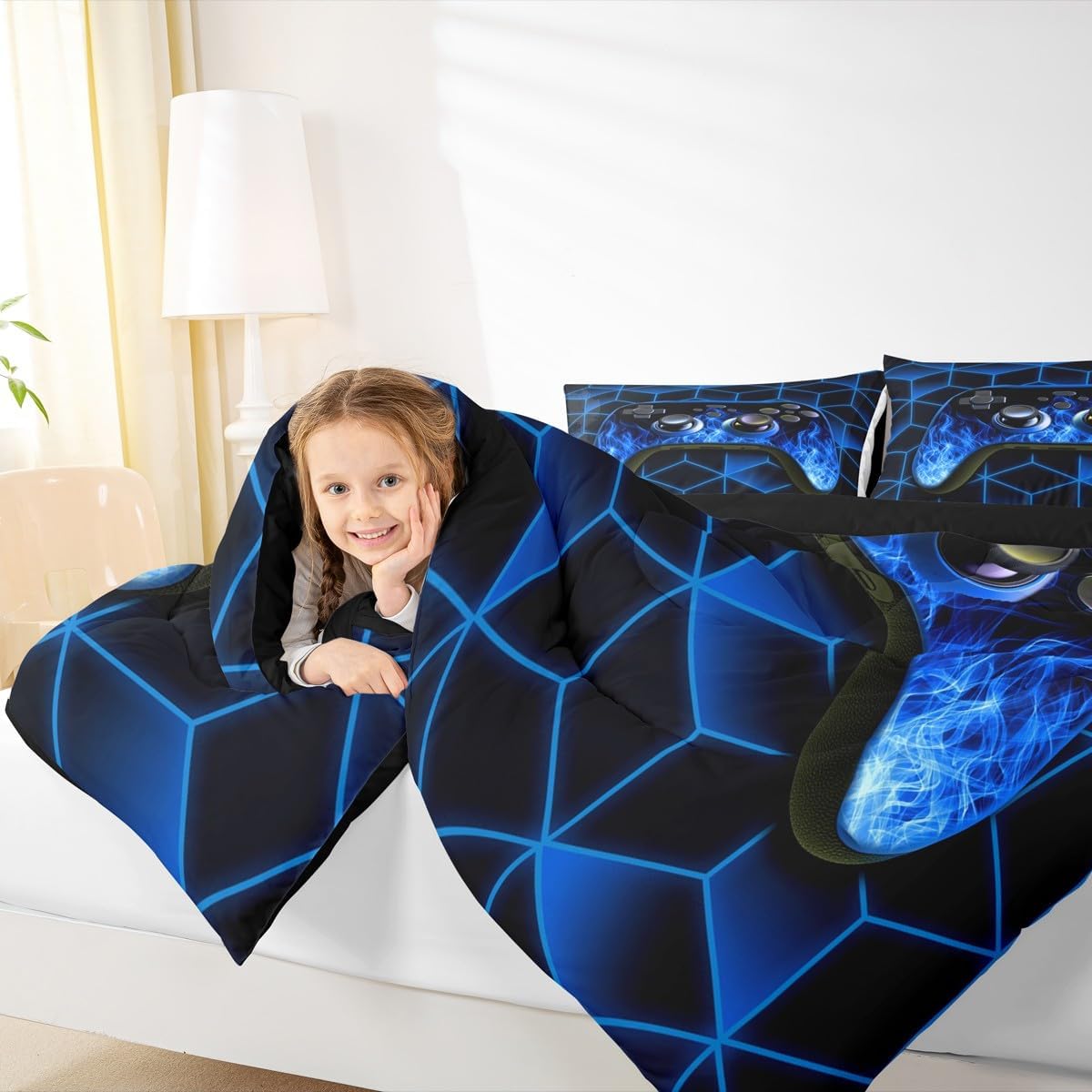 Erosebridal Blue Gaming Comforter Set - Neon Geometry Kids Bedding for Boys