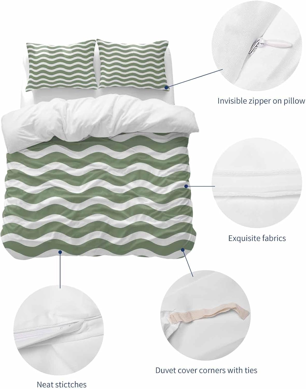 ZOE GARDEN Sage Green Striped Queen Duvet Cover Set