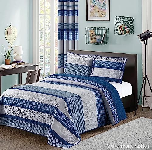 All American Collection Blue and Gray Plaid 3-Piece Queen Bedspread Set