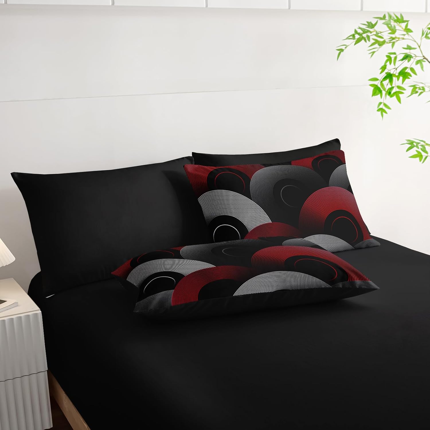 7 Piece Black and Red King Comforter Set with Geometric Pattern