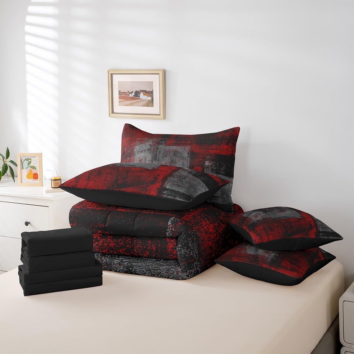 Erosebridal 7 Piece King Comforter Set with Red Black Grey Ombre Design