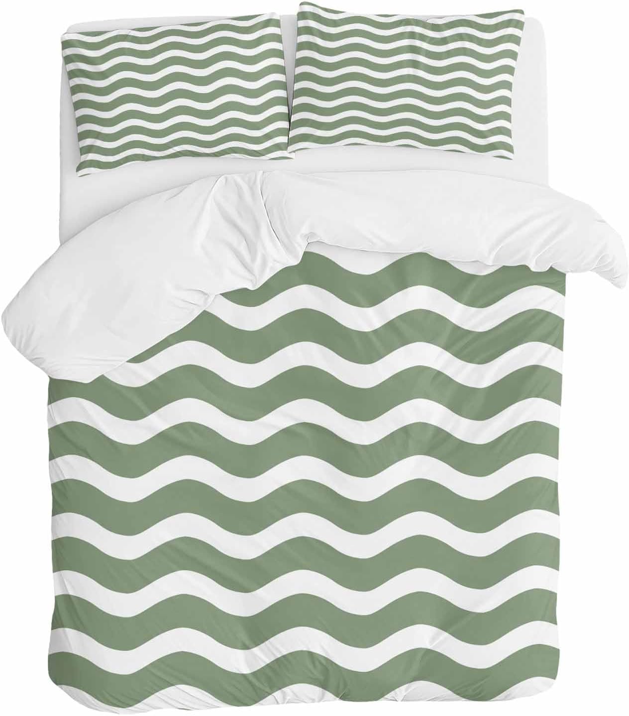 ZOE GARDEN Sage Green Striped Queen Duvet Cover Set