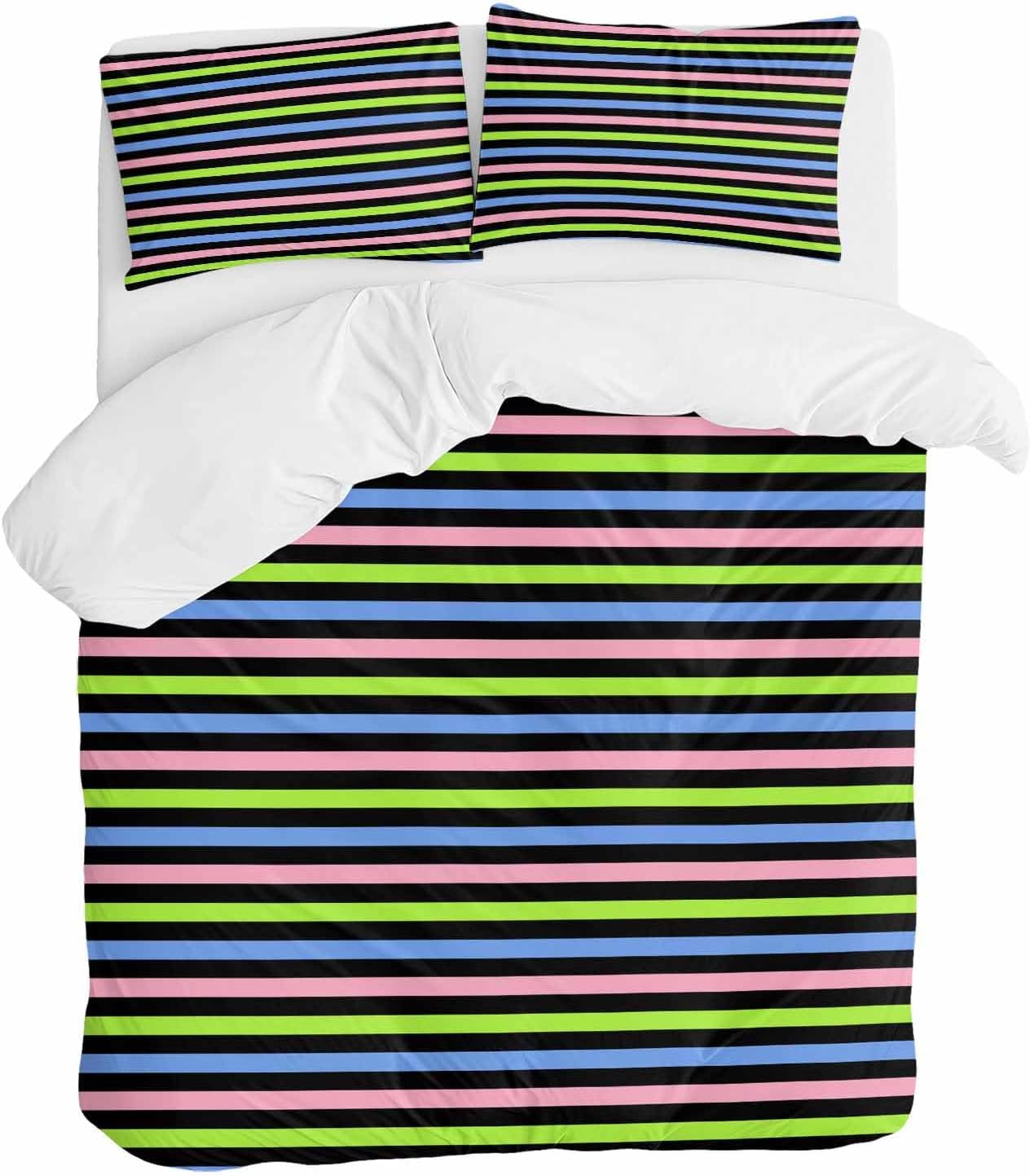 ZOE GARDEN Pink Blue Stripe Duvet Cover Set 3 Piece