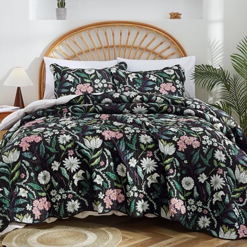 EVENHUG Black Botanical Quilt Set King Size 3 Pieces