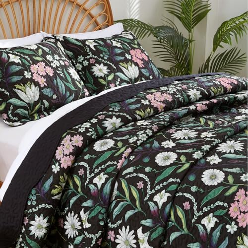 EVENHUG Black Botanical Quilt Set King Size 3 Pieces