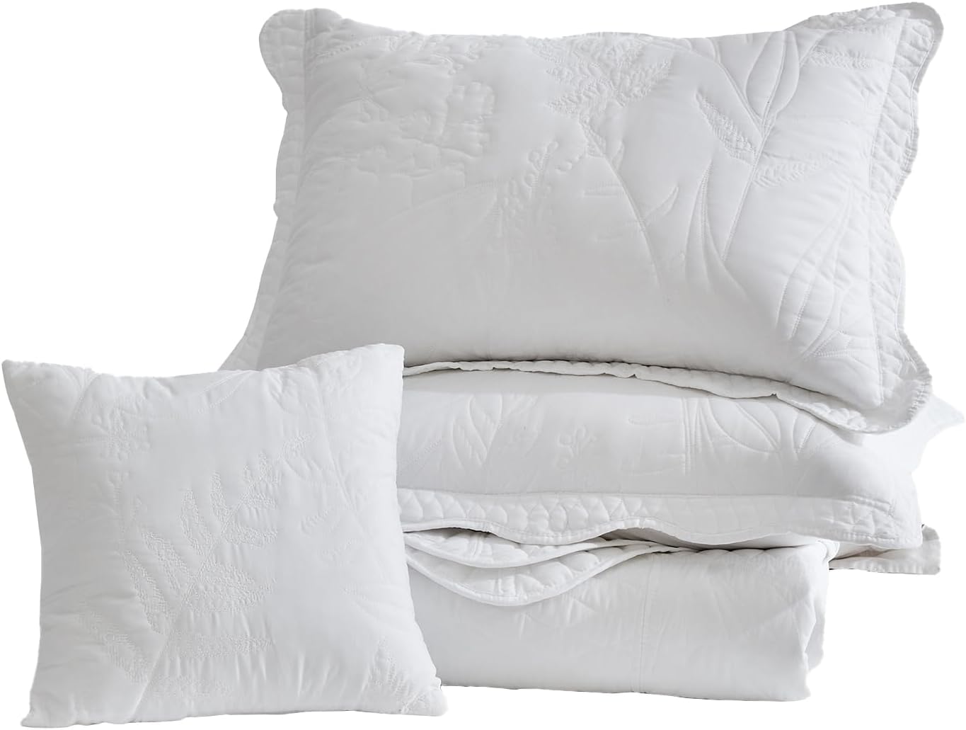 DaisyHuang Botanical Bedspread Set - Leaves Pattern Reversible 4 Piece White