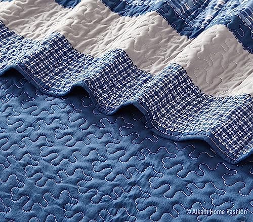 All American Collection Blue and Gray Plaid 3-Piece Queen Bedspread Set