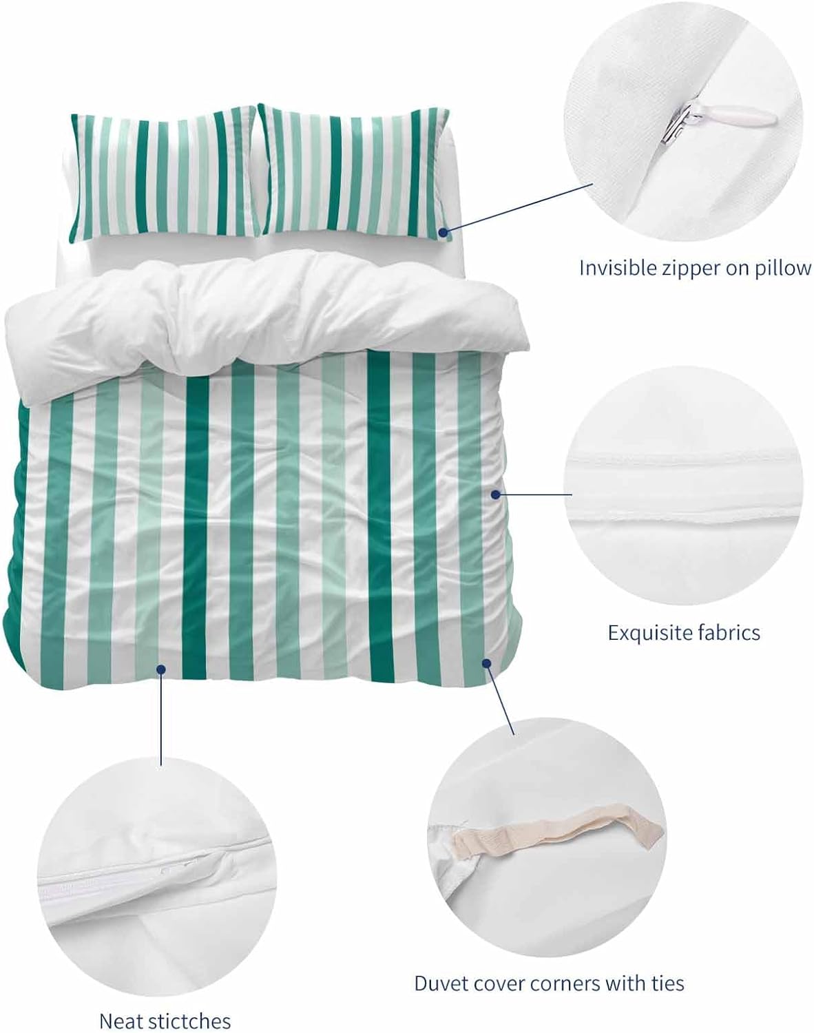 ZOE GARDEN Green Stripe Queen Duvet Cover Set 3 Piece 1