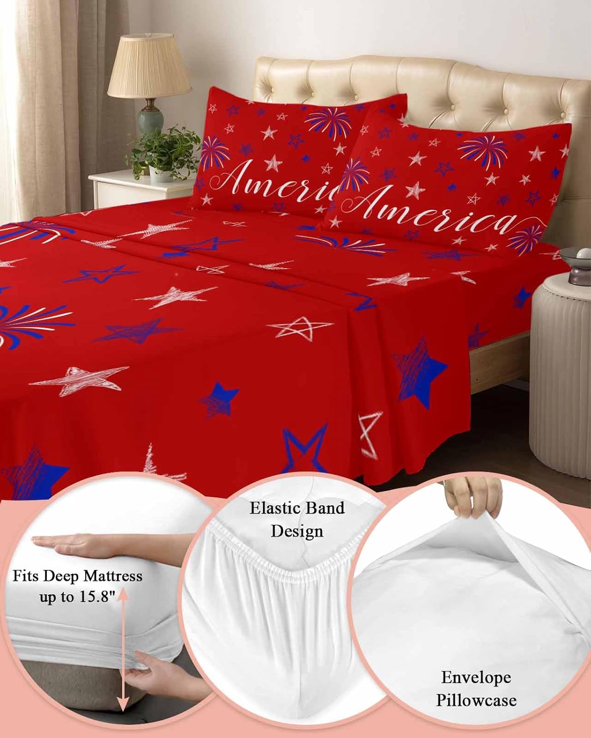 Boanket Red 4th of July Full Sheet Set 4 Piece