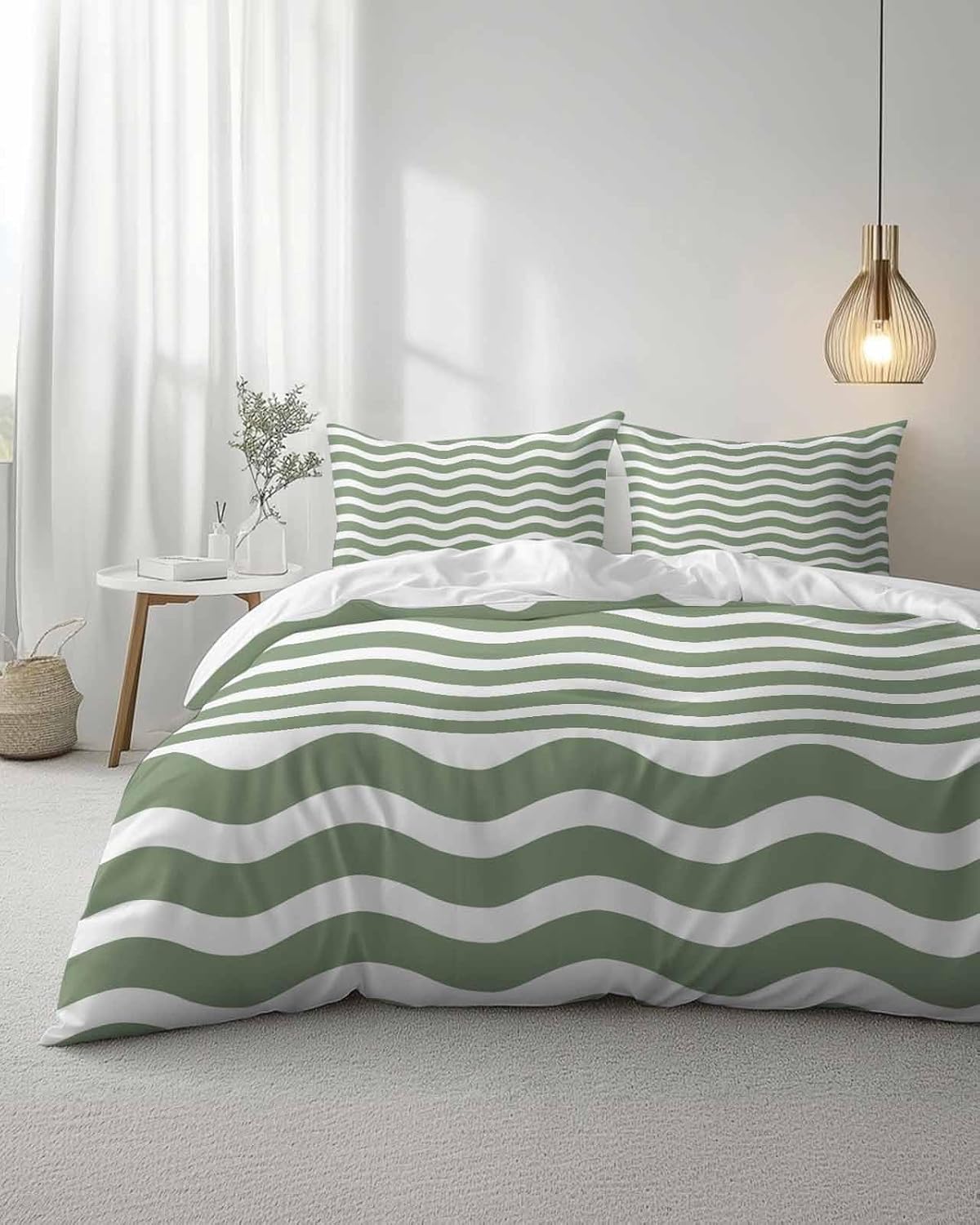 ZOE GARDEN Sage Green Striped Queen Duvet Cover Set
