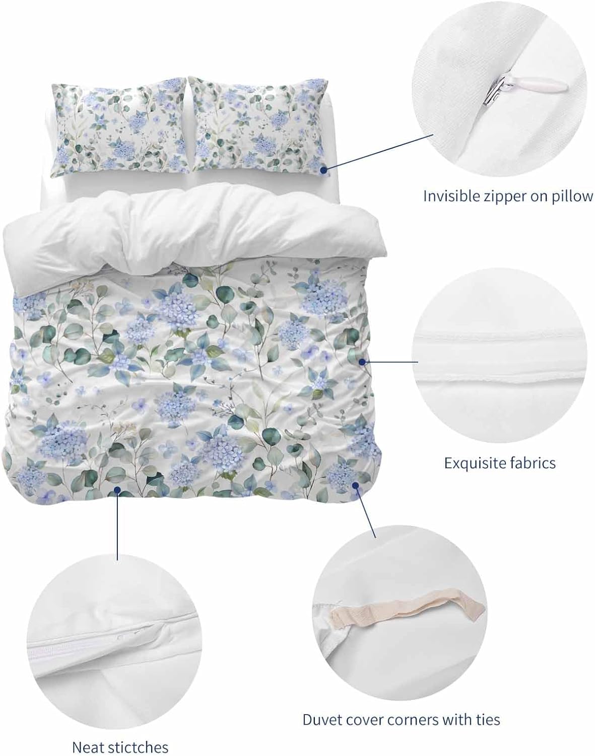 ZOE GARDEN Blue Flower Duvet Cover Set Full Size 3 Piece