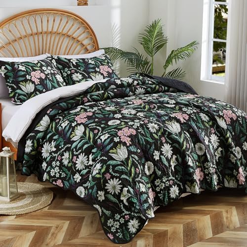 EVENHUG Black Botanical Quilt Set King Size 3 Pieces