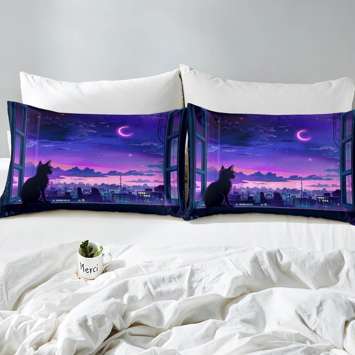 Jejeloiu King Size Cat Bed Sheets Set Purple Microfiber