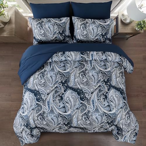 DJY Navy Paisley Comforter Set California King 7 Piece