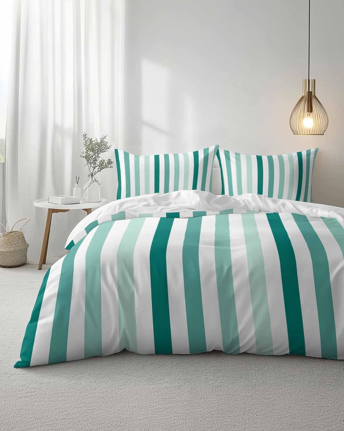 ZOE GARDEN Green Stripe Queen Duvet Cover Set 3 Piece 1
