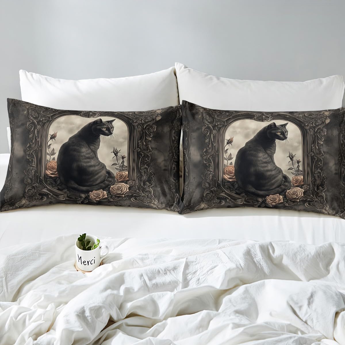 Manfei Black Cat Duvet Cover Set with 2 Pillowcases
