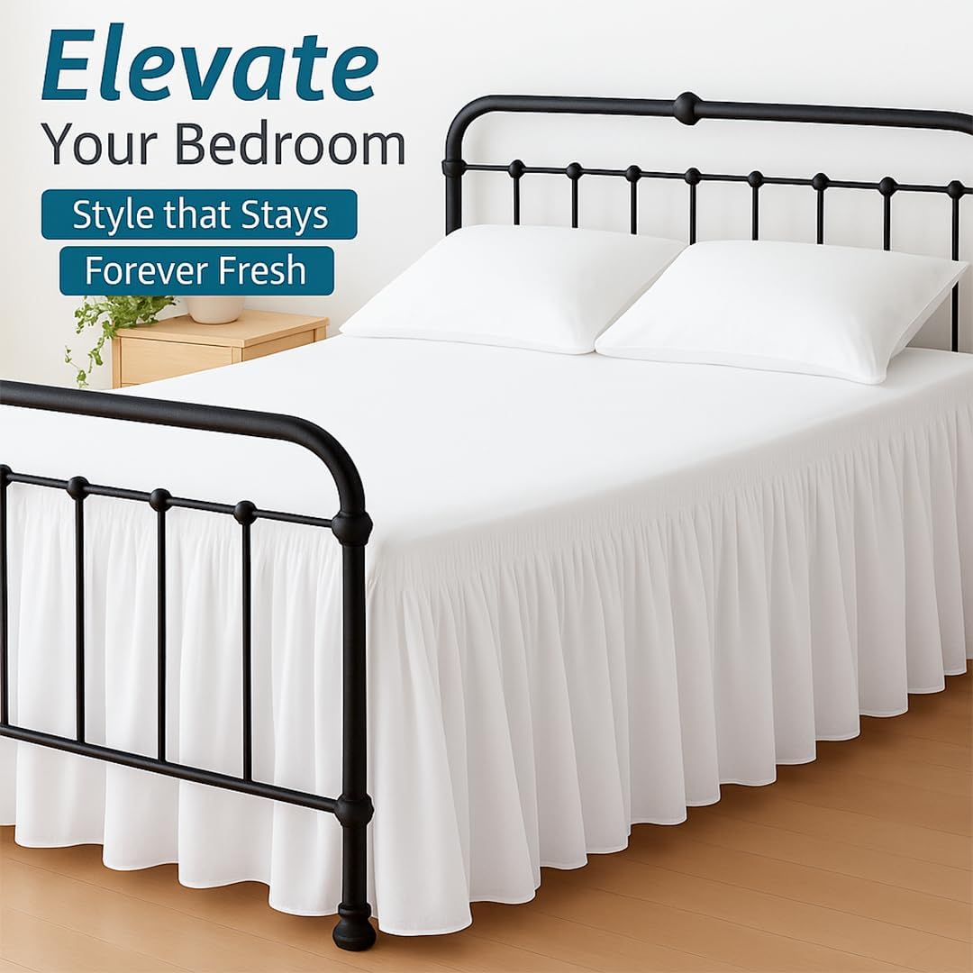 Shreem Linen Ruffled Bed Skirt King Size White