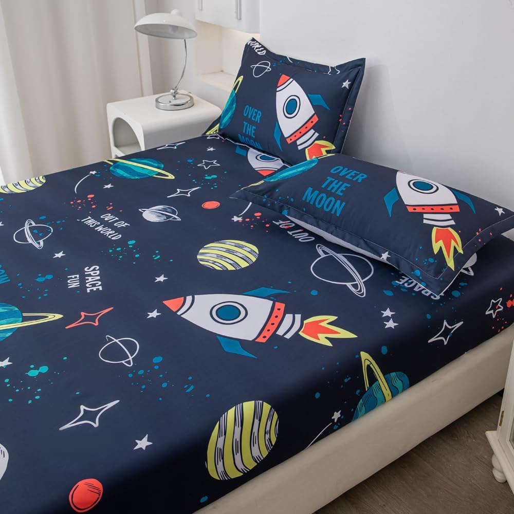 Megamayga Space Sheets Queen Size 4Pcs Kids Bedding Set