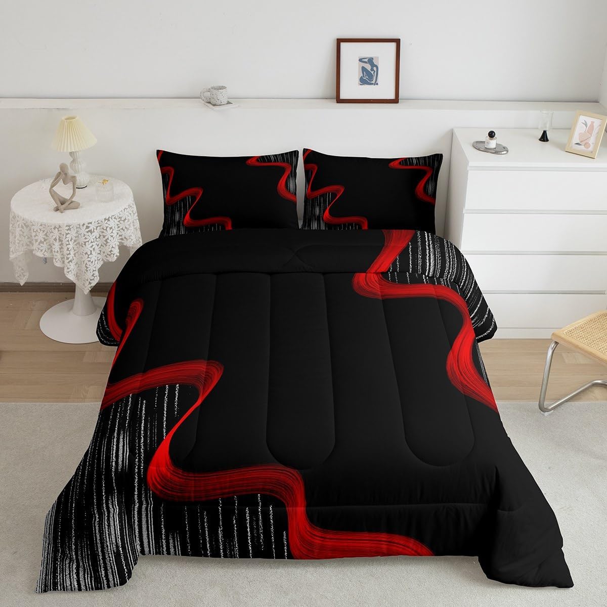 Feelyou Red and Black Patterned Comforter Set for Kids