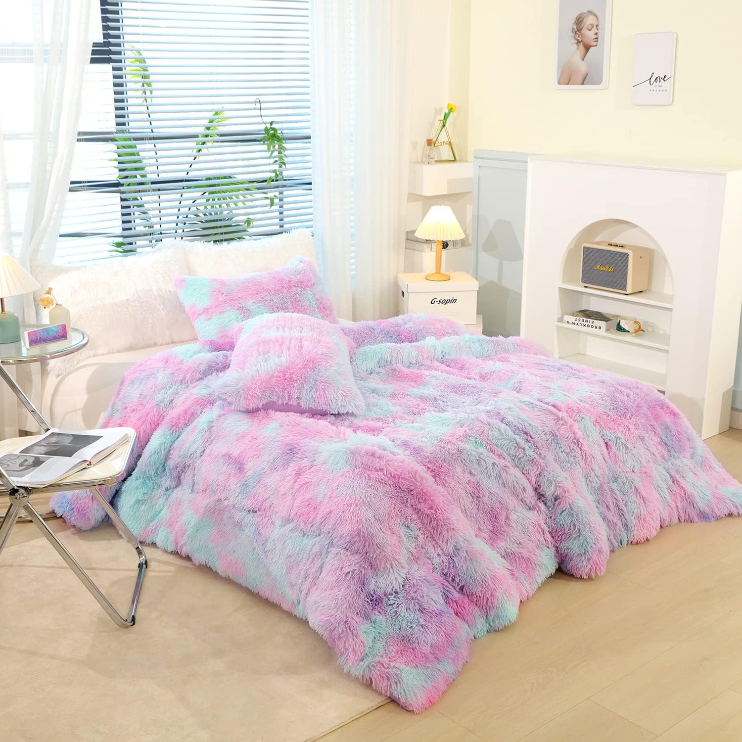 Kids Girls Faux Fur Queen Comforter Set 3PC