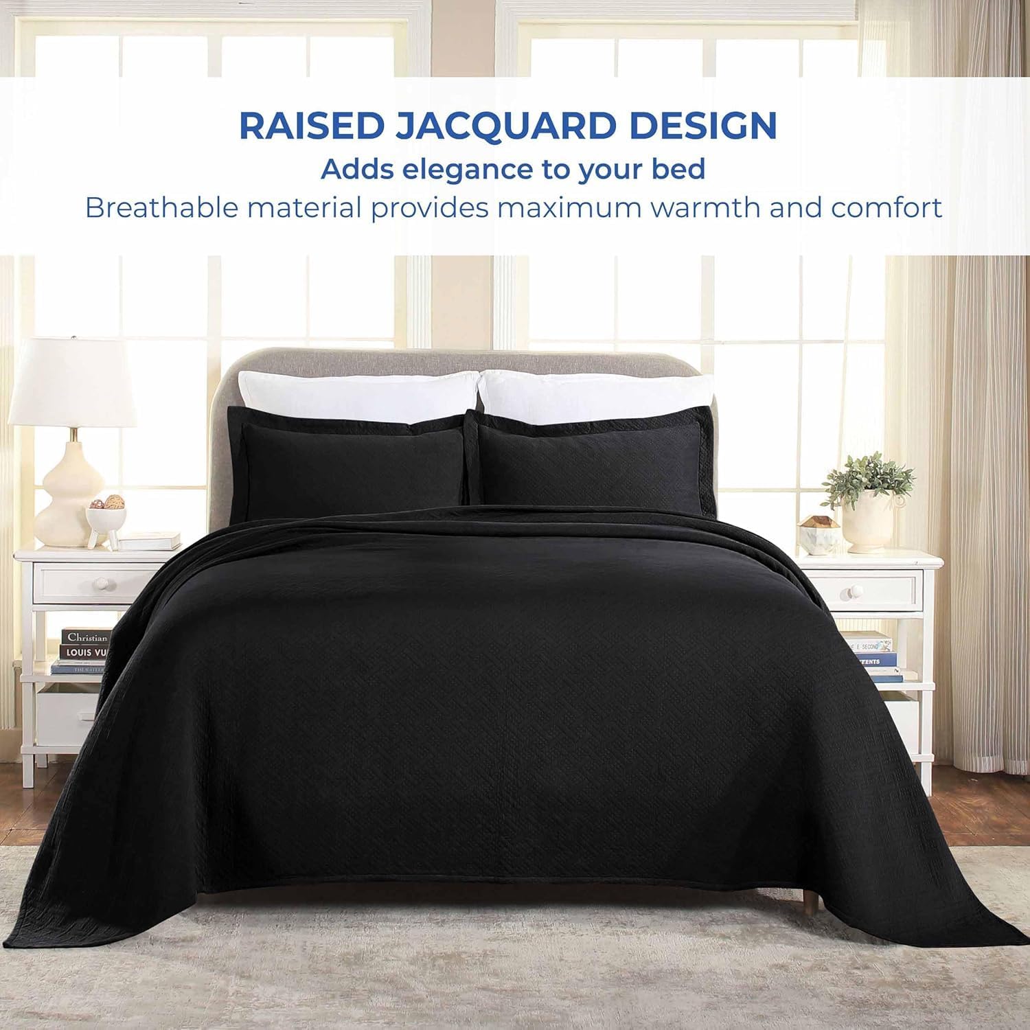 Superior 3 Piece Basketweave Cotton Bedspread Set Full Black